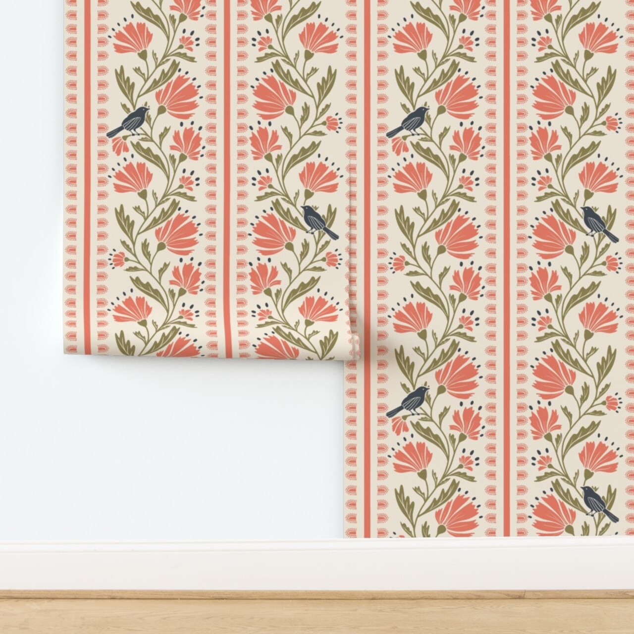 Floral Birds Stripe Cottage Vine Custom Removable Wallpaper by Spoonflower Peel & Stick Wallpaper 2FT Wide